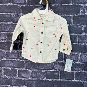 Cat & Jack 12 Months Button-Up White Red Hearts XOXO Shirt Top Cuffs Collar